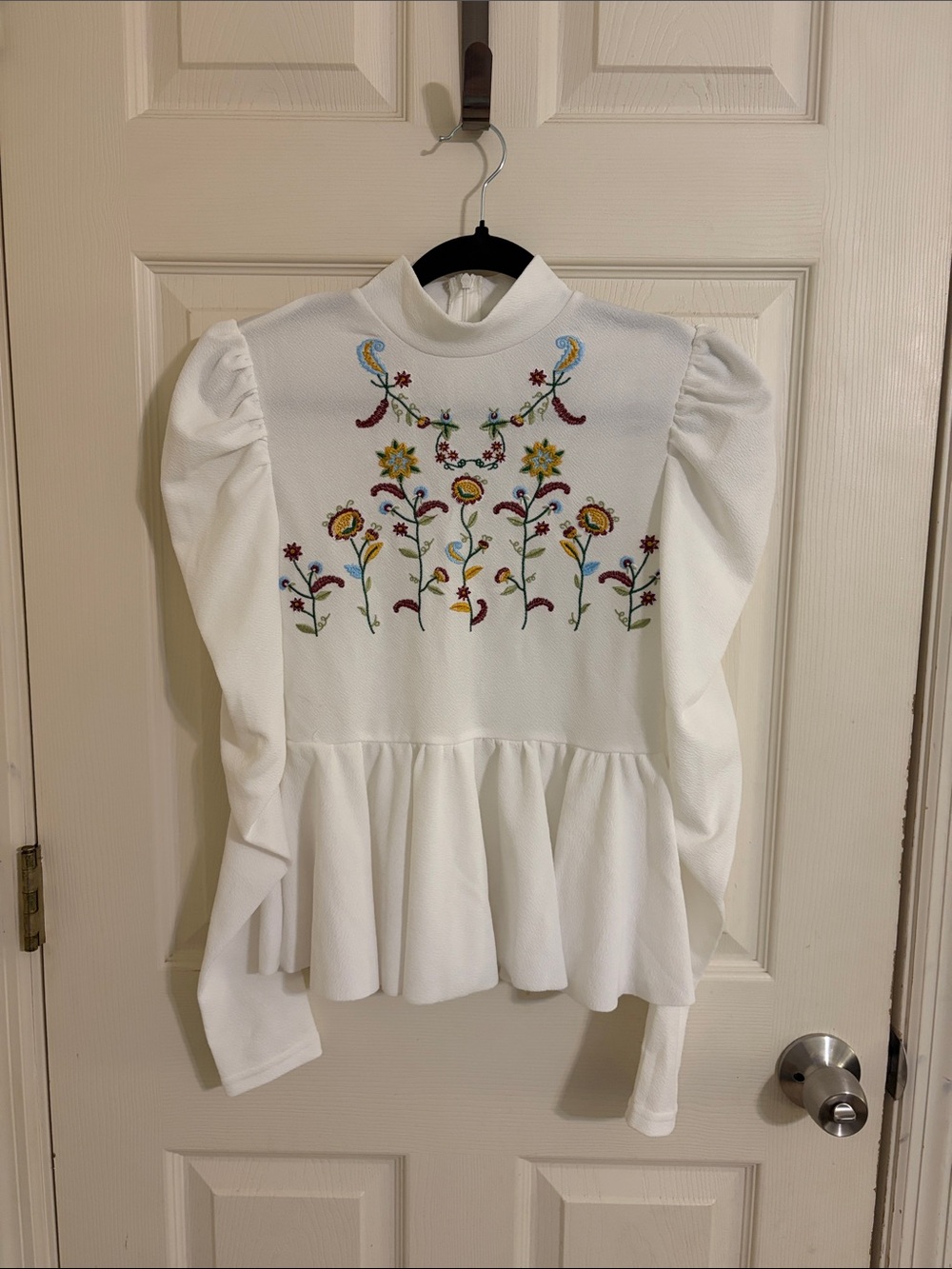 SHEIN White Floral Embroidered Peplum Long-Sleeve Top